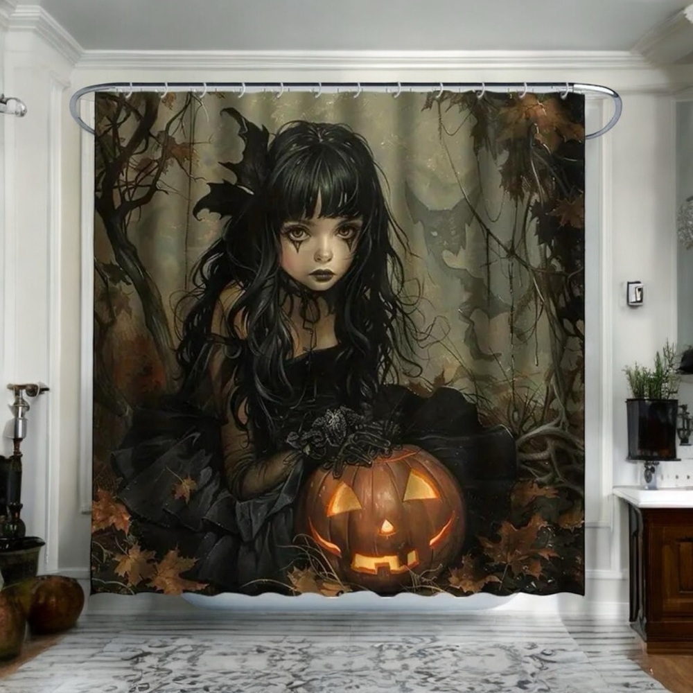 Gothic Shower Curtain‎ Pumpkin Head Witch Elements Bath Curtain with 12 Hooks